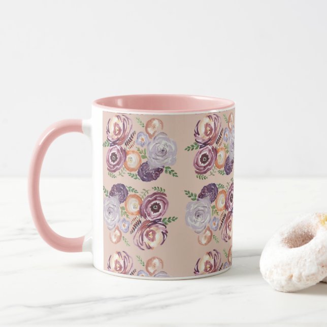 Peinture rose Fleur Bouquet de café Mug (Avec donut)