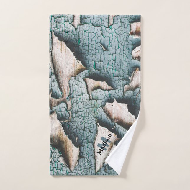Peinture verte bleue vieille rustique bois Monogra (Serviette à main)