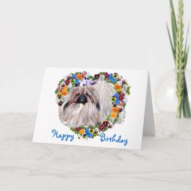 Pekingese dans un coeur floral carte d'anniversair (Devant)