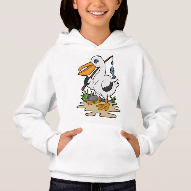 Pélican comme pêcheur avec la baguette de pêche et (Devant)
