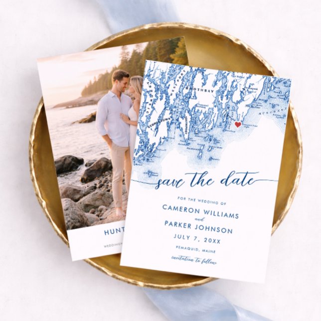 Pemaquid Point Light Mariage Maine Carte Bleu Mari (Pemaquid Point Light Wedding Save the Date Navy Blue Maine Map by Coastal Map Designs)