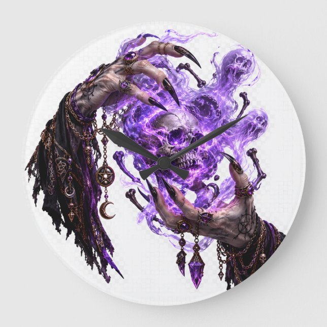Pendule murale crâne violet brûlant mains de sorci (Recto)
