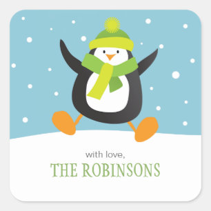 Penguin aime la neige Stickers Cadeaux carrés