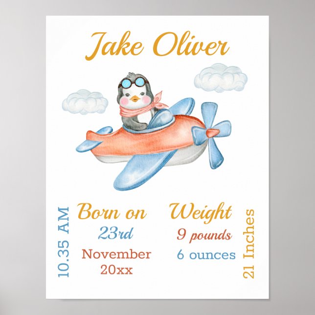 Penguin Airplane Blue Baby Boy Stats Poster (Devant)