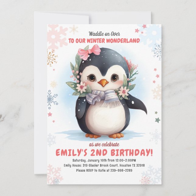 Penguin Anniversaire Invitation Fille Penguin Anni (Devant)