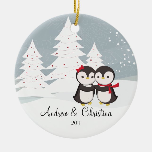 Penguin Couple Aimer mignon Ornement de Noël (Devant)