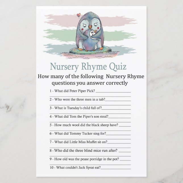 Penguin Nursery Rhyme Quiz jeu de baby shower (Devant)