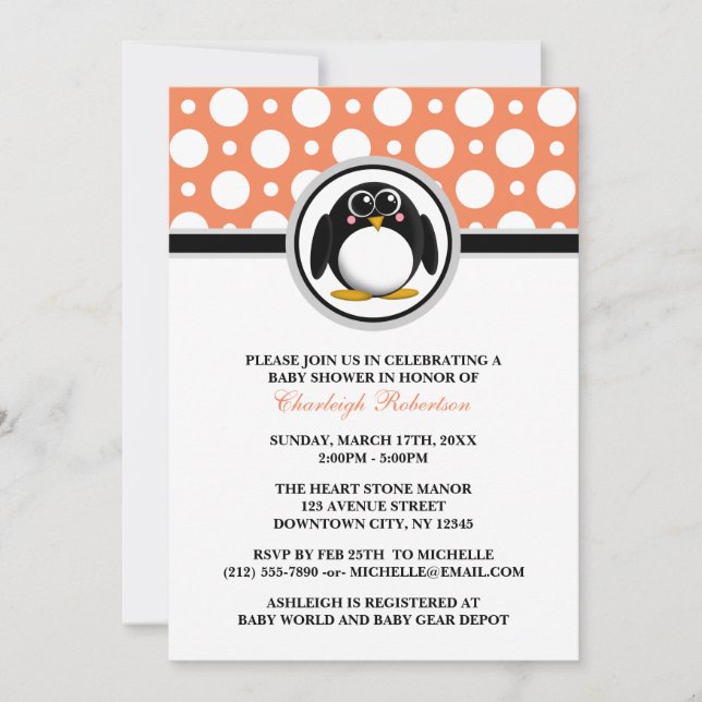 Penguin Orange Polka Dot Baby Douche Invitations (Devant)