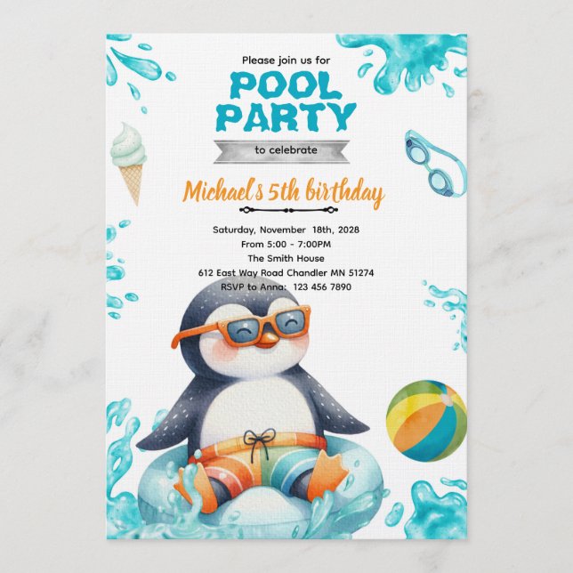 Penguin Pool Party Birthday Invitation (Devant)