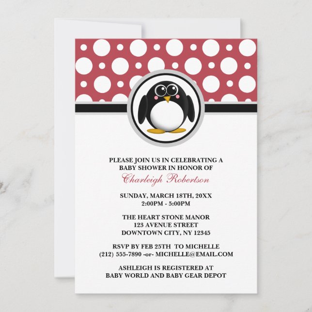 Penguin Red Polka Dot Baby Douche Invitations (Devant)