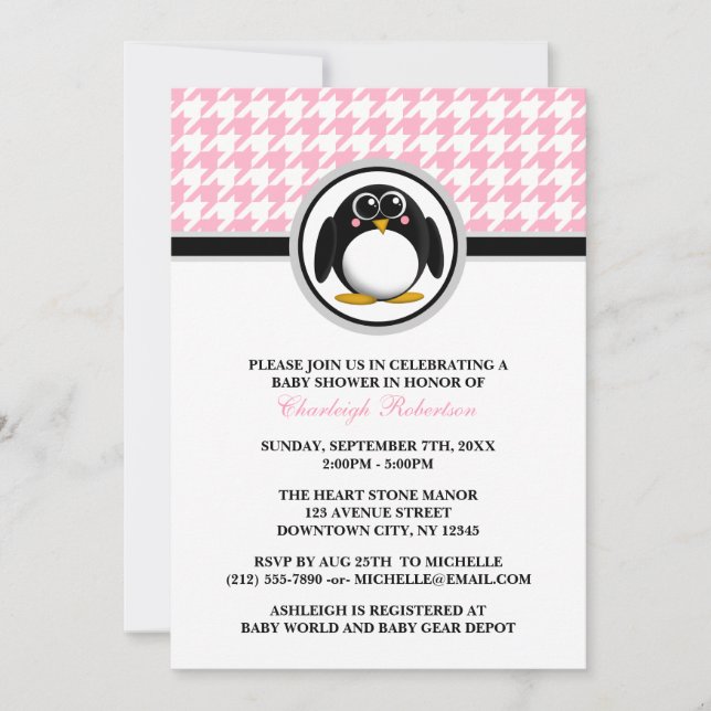 Penguin rose Houndstooth Baby Shower Invitations (Devant)