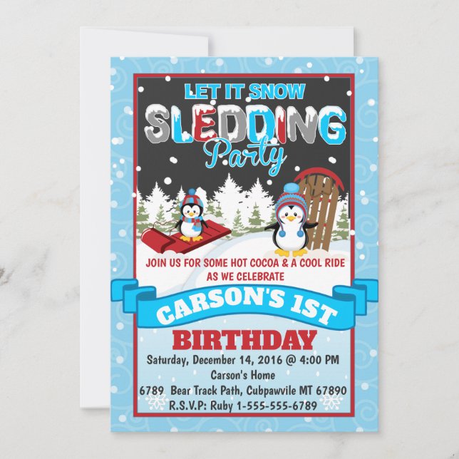 Penguin Sledding Anniversaire Fête Invitation (Devant)