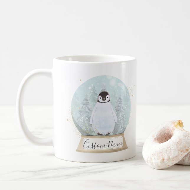 Penguin Snow Globe Custom Name Mug Christmas Gift (Avec donut)