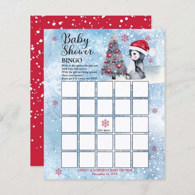 Penguin Snowman Winter Boy Baby shower Bingo Card (Devant / Derrière)