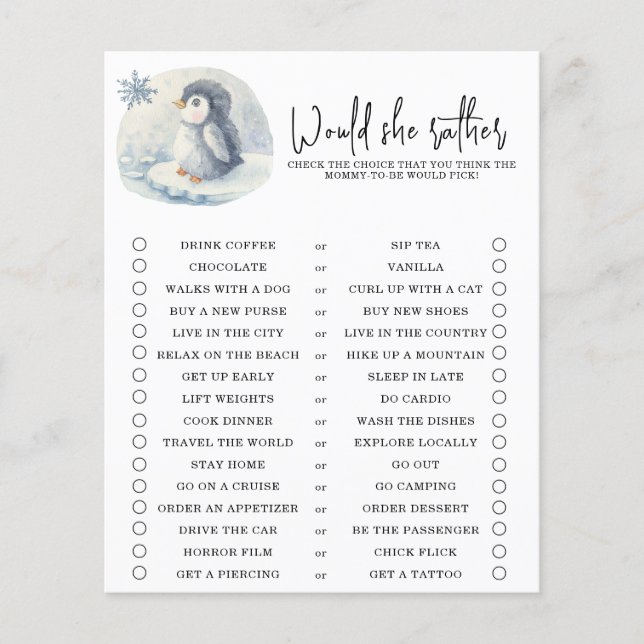 Penguin - Voudrait-elle plutôt - jeu de baby showe (Devant)