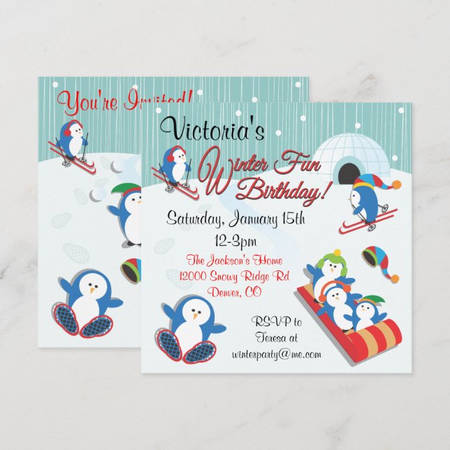 Penguin's Winter Fun Anniversaire Invitations (Devant / Derrière)