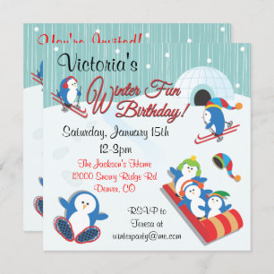 Penguin's Winter Fun Anniversaire Invitations