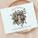 Penser à vous Otters carte postale<br><div class="desc">Capturez le coeur de vos proches avec notre adorable carte postale, montrant deux loutres amicales et la phrase astucieuse : "vous savez que j'ai pensé à vous." Conçu pour ces moments de réflexion, cette carte est parfaite pour envoyer à des amis qui vous ont manqué, en ajoutant une touche de...</div>