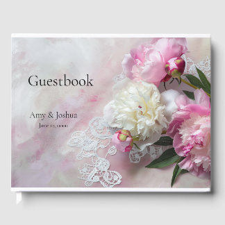 Peoné rose et blanc sur dentelle Livre d'or