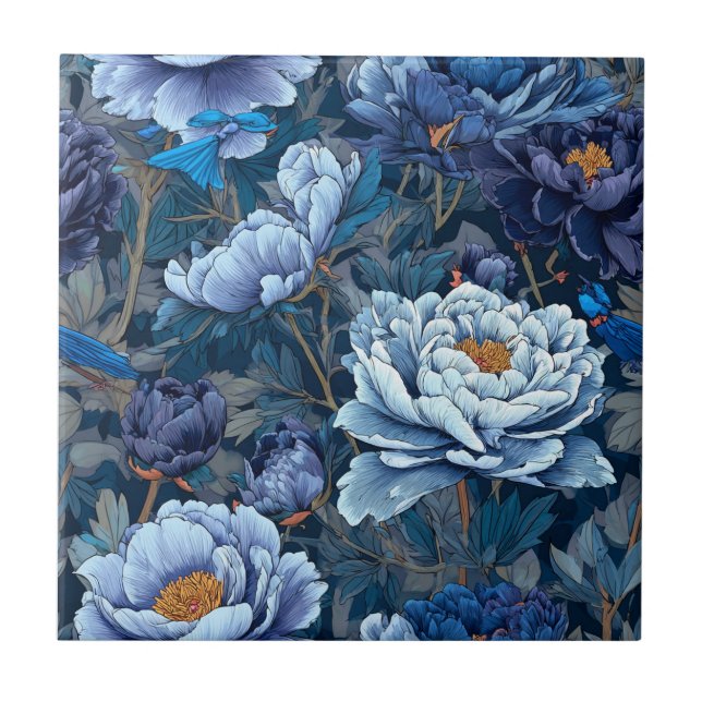 Peonies Bleues Modernes Carreaux Pour Parquet (Devant)