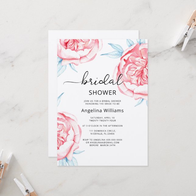 Peonies Invitation à la douche nuptiale (Devant/Arrière en situation)