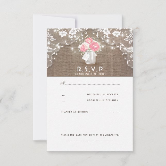 Peonies Mason Jar Mariage rustique Cartes RSVP (Devant)