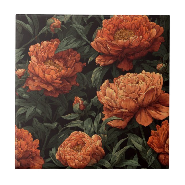 Peonies Rétro Modernes Carreaux En Céramique Pour  (Devant)