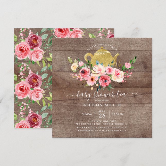 Peonies Rose Floral Baby shower Thé Invitation (Devant / Derrière)