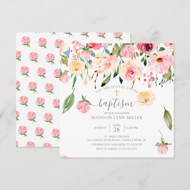 Peonies Rose Floral Baptism Invitation (Devant / Derrière)