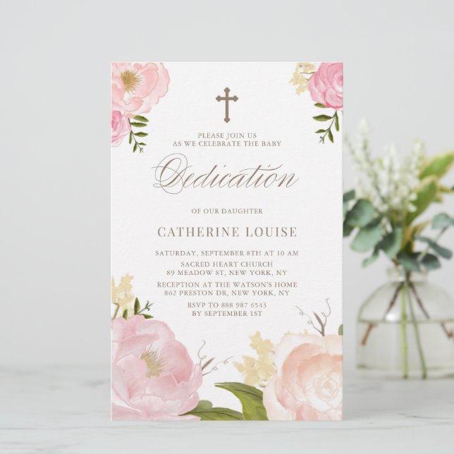 Peonies roses Floral Baby Dedication Invitation (Debout devant)