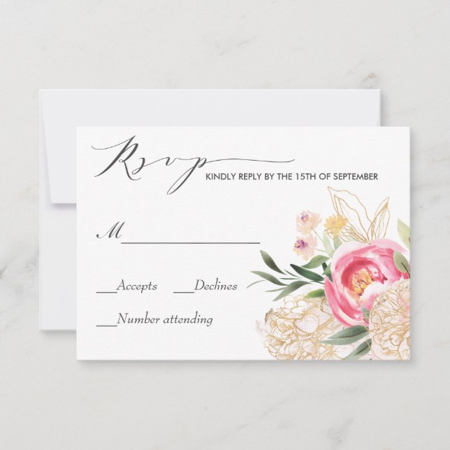 Peonies roses Gold Aquarelle mariage Rsvp (Devant)