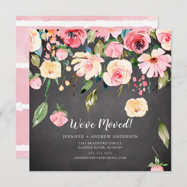 Peonies roses modernes Floral Moving Faire-part (Devant / Derrière)