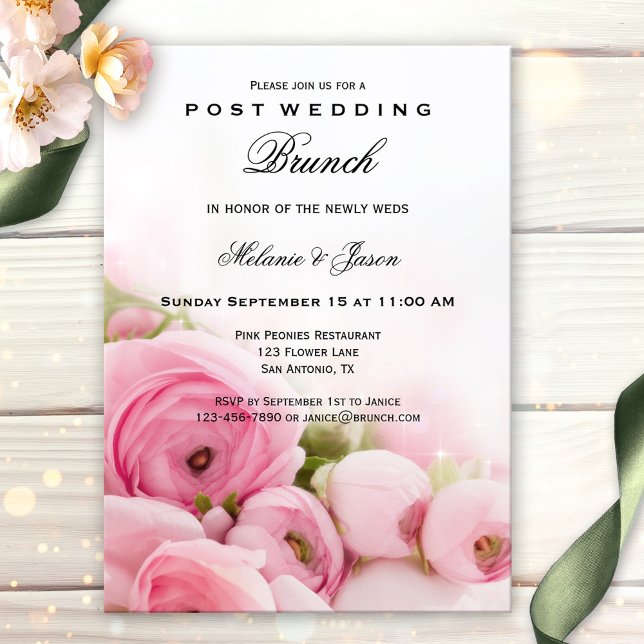 Peonies roses Post Mariage Brunch Invitation (Classic post or after wedding brunch or lunch party invitation featuring lovely pink peonies)