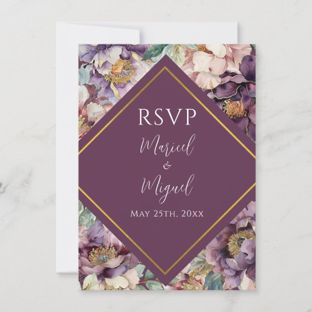 Peonies violettes Floral Moderne Mariage RSVP (Devant)
