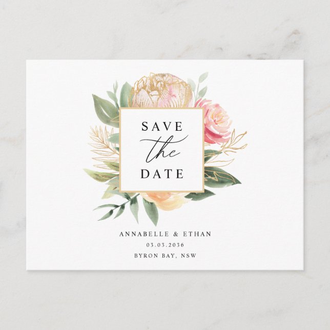 Peony and Gold Flowers Enregistrer la date carte p (Devant)