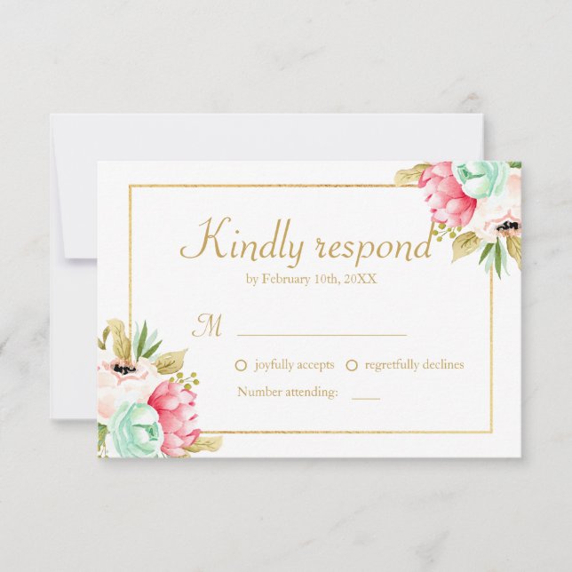 Peony Aquarelle Elegant Gold Frame Wedding RSVP (Devant)