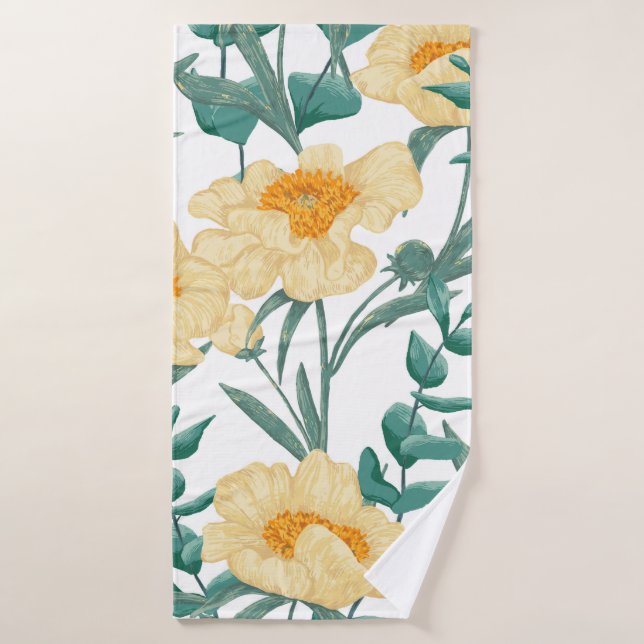 Peony Claire de Lune plants seamless pattern. Hand (Serviette de bain)