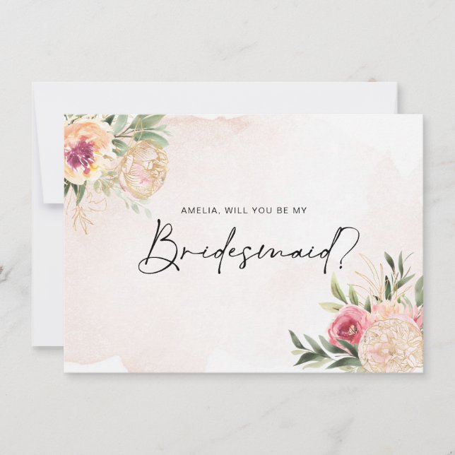 Peony et Gold Foil Blooms Bridesmaid carte plat (Devant)