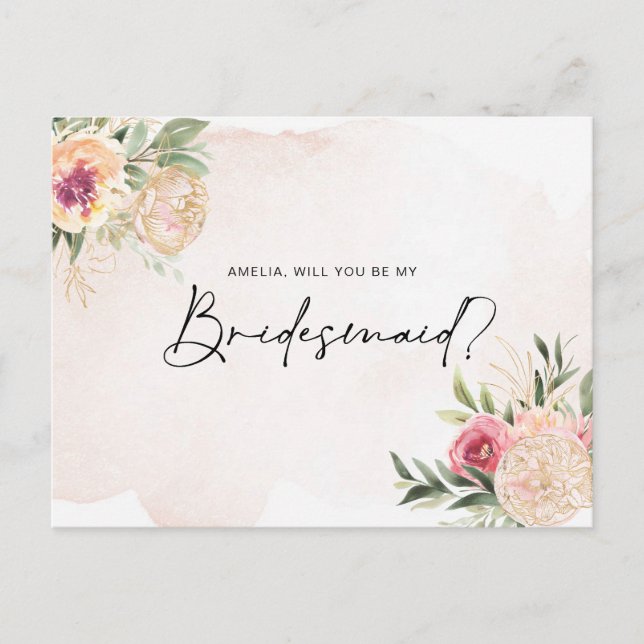 Peony et Gold Foil Blooms Bridesmaid Carte postale (Devant)