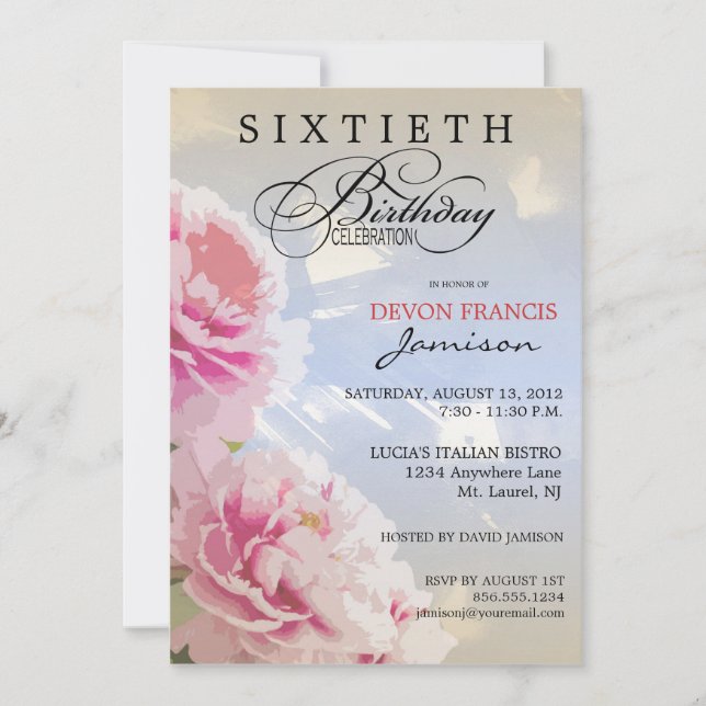 Peony Floral 60e anniversaire Invitation Blue (Devant)