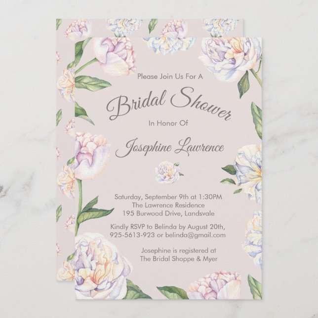 Peony Floral Mauve Invitations de douche nuptiale (Devant / Derrière)