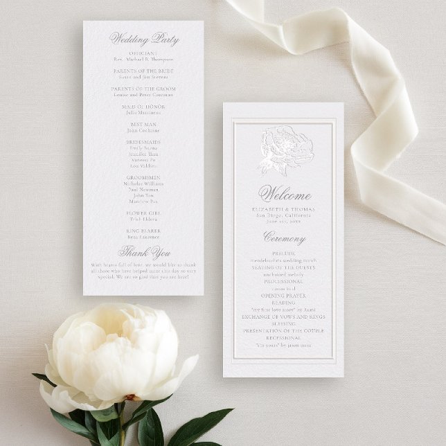 Peony Formal Moderne Classique Mariage d'ivoire Pr (peony wedding program formal modern classic traditional calligraphy double frame faux embossed ivory)