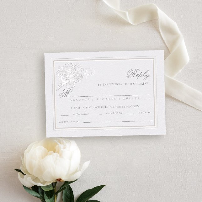 Peony Modern Formal Élégant repas de mariage RSVP (peony wedding rsvp reply meal formal modern classic traditional calligraphy double frame faux emboss)