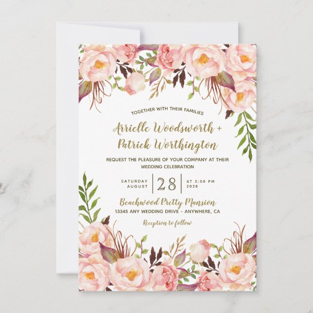 Peony Rose Blush et Gold Wedding Invitations (Devant)