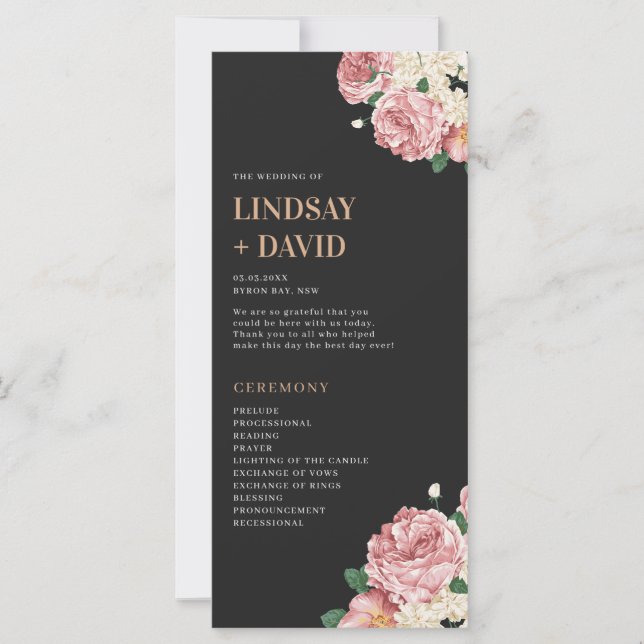 Peony Roses sur Black Wedding Ceremony Programme (Devant)