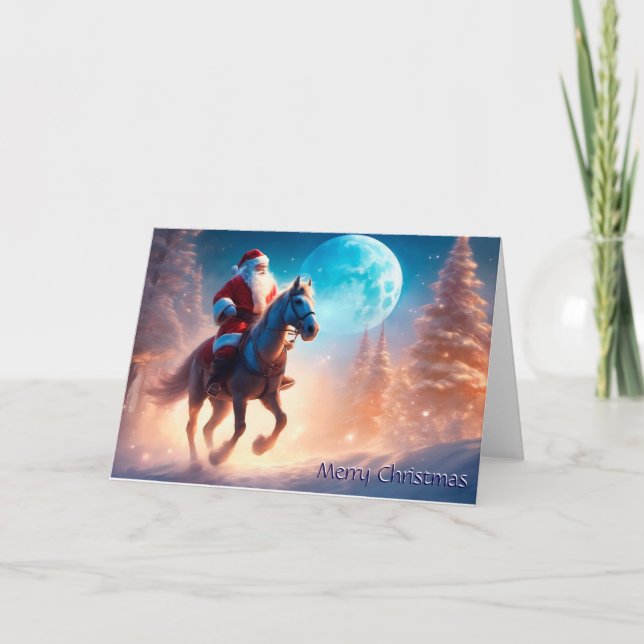 Père Noël à cheval en Lune Carte de Noël (Devant)