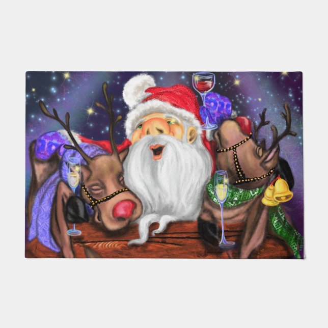 Père Noël avec Reindeers Drôle tapis de Noël (Devant)