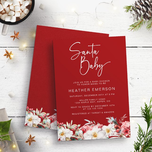 Père Noël Baby Holiday Baby shower Invitation (Red Santa Baby Watercolor Rustic Boho Botanical Floral Baby Shower Invitation by Painted Paperie)