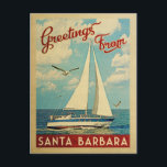Père Noël Barbara Carte postale Voilier Vintage Ca<br><div class="desc">Ce Salutations de Père Noël Barbara California design de voyage nautique vintage comprend un bateau naviguant sur l'eau avec des mouettes et un ciel bleu rempli de somptueux nuages blancs bouffants.</div>