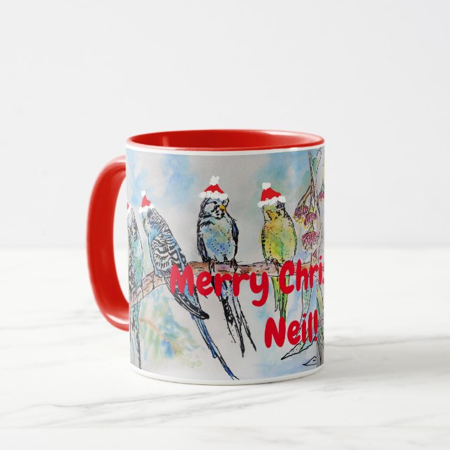 Père Noël Budgie Joyeux Noël Nom de Mug Red (Devant gauche)